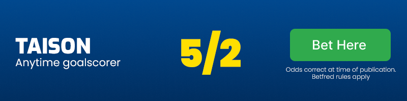 Taison anytime goalscorer at 5/2
