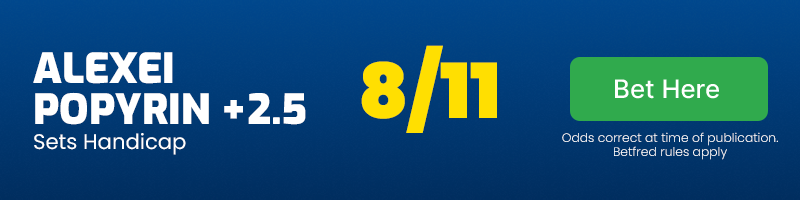 Alexei popyrin +2. 5 sets handicap vs novak djokovic @ 8-11